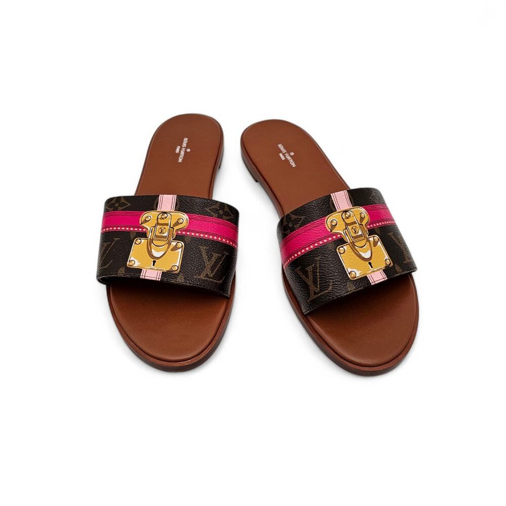 Louis Vuitton Lock It Flat Slide Mule Trunk Lock Monogram Pink Size 41 US 11